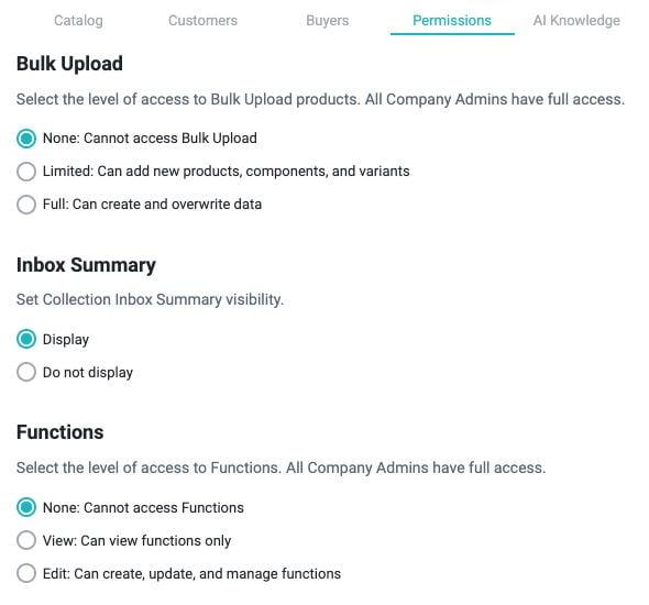 Permissions tab showing Bulk Upload, Inbox Summary, and Functions controls and their available access levels.