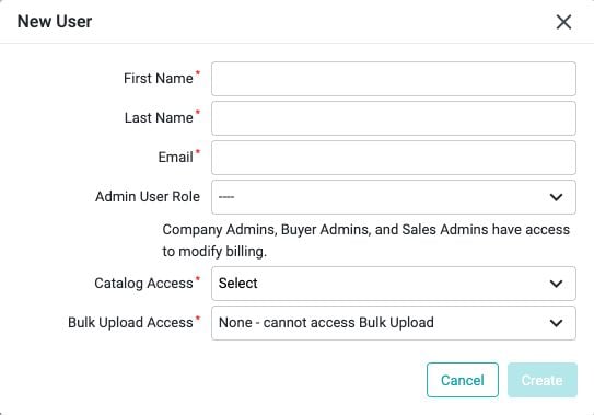 New User form showing required name, email, Catalog Access, and Bulk Upload Access fields, plus the Admin User Role menu and billing-access notice.