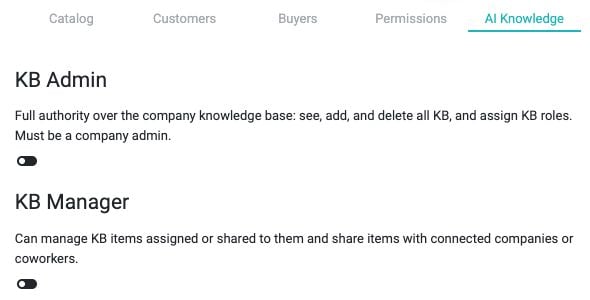 AI Knowledge tab describing the KB Admin and KB Manager roles.